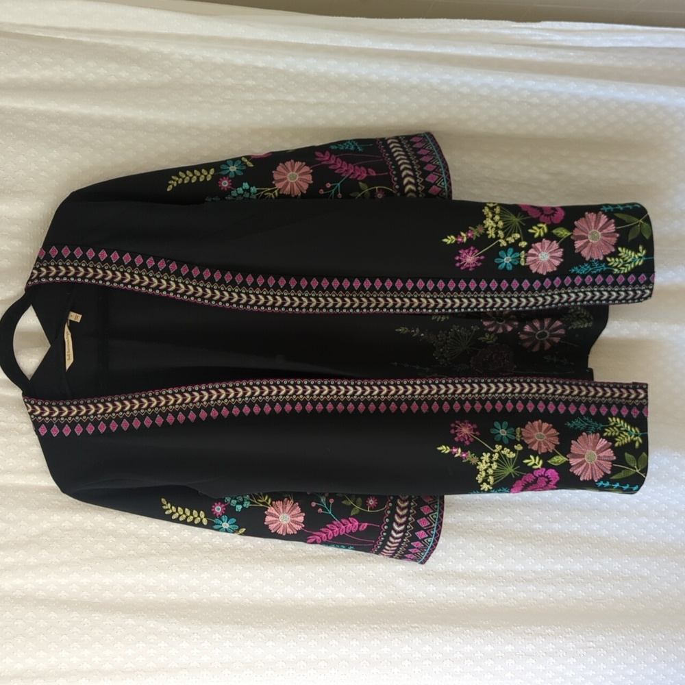 Soft Surroundings Franca French Terry  Sweater Black Embroidered Women's S/M